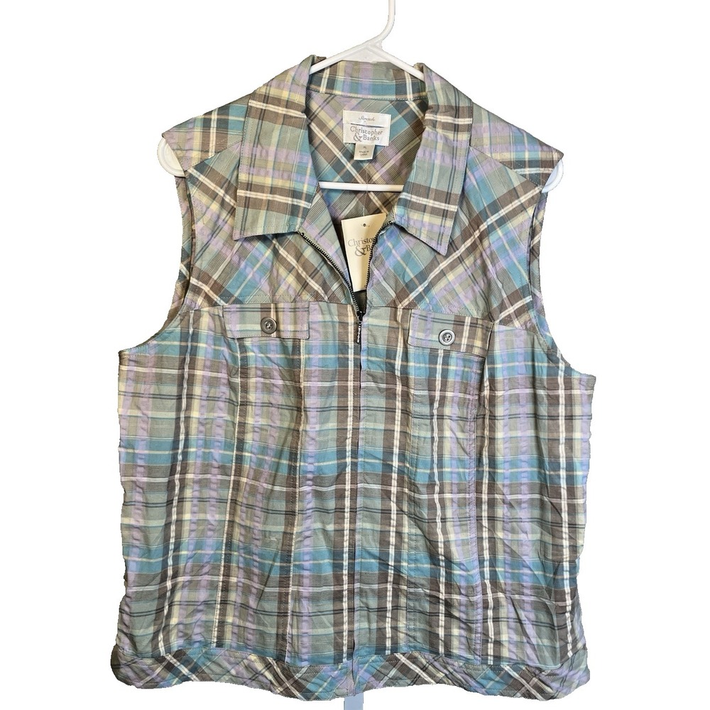 NEW Women's Christopher & Banks Vest XL Stretch Blue Plaid Zip Up Hiking Cottage